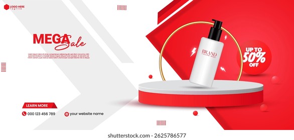 Red color abstract 3D cylinder podium banner design vector. Cosmetics product sale banner design template with red color. 3D rendered studio product background design vector. Empty studio mockup.
