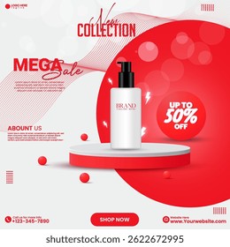 Vetor de design de pódio vazio abstrato de cor vermelha. Design de cartaz de anúncio de produto de mídia social. 3D realista cosméticos venda de produtos design de pôster de mídia social com um pódio vazio cilindro. 