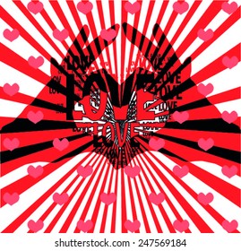 red color abstract lines hands become a heart illustration with pink small hearts pattern background together and 'love' words vector print pattern for valentines day, birthday, t shirt print.