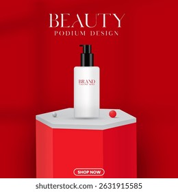 Red color Abstract minimal 3D rendered product sale podium background design with shadow overlay and window effect. Product mockup design. Product display presentation design with a podium. 