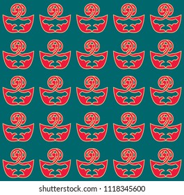 Red color ancient ship seamless pattern with blue-green background.
