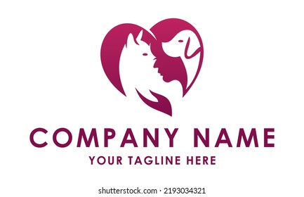 Red Color Animal cat and Dog Woman with Love Logo Design
