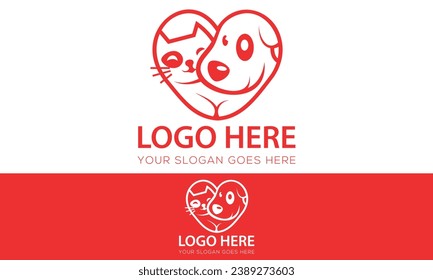 Red Color Animal cat and Dog with Love Logo Design
