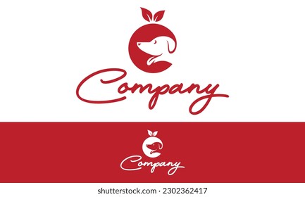 Red Color Apple Negative Space Dog Logo Design	
