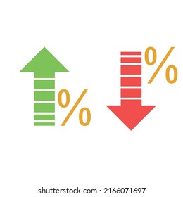 Red color arrow cutted from paper made as graph showing growth of stock market or business progress on the white background with two red and green paper arrows showing growth and drops