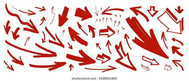 Red color arrow vector set. Sketch line hand-drawn arrow icons. vector ink pen direction signs. Rough sketchy hand drawn arrows for social media. Isolated doodle emphasis info graphic elements