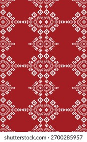 Fundo de cor vermelha com padrão étnico padrão de tecido geométrico de motivo tradicional ikat bordado cross stitch.Ikat pixel oriental, abstrato, vetor, arte de textura.