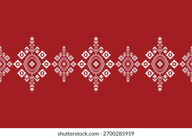 Red color background with ethnic pattern traditional motif ikat geometric fabric pattern cross stitch.Ikat embroidery oriental pixel,abstract,vector,texture art.