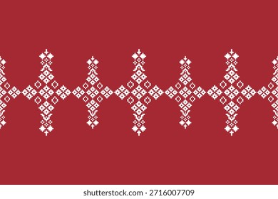 Fondo de color rojo con motivo étnico motivo tradicional ikat patrón de tela geométrica punto de cruz. Ikat bordado oriental patrón de día de Navidad píxel, abstracto, Vector, arte de textura.