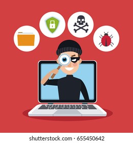 red color background laptop with espionage with hacker