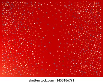 Red color background. Stars confetti. Minimal colorific theme. Scattered stars. Backround with random colored stars.