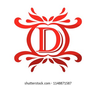 red color beautiful luxury classic vintage swirl or floral border logo design template with initial name of business company on it type letter d