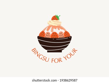 red color bingsu Strawberry Shave ice illustration vector.