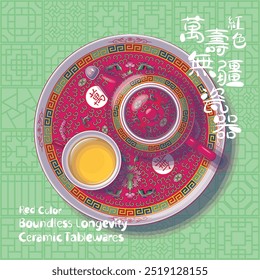 Red Color Boundless Longevity Ceramic Tea Set Top View Illustration. Translation: (Title) Red Color Boundless Longevity Ceramic Tablewares, (Tea Set) Boundless Longevity