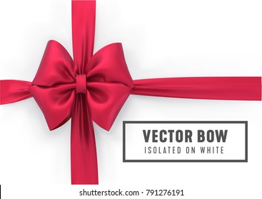 Red color bow and ribbon on white background. Template for greeting card, sale promo or gift certificate. Vector 3d realistic illustration.