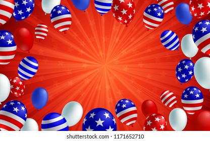 Red color burst background poster flyer banner. American flag balloon vector design. Holiday celebration concept template.