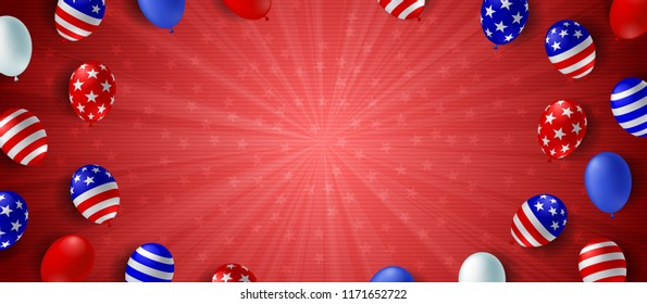 Red color burst background poster flyer banner. American flag balloon vector design. Holiday celebration concept template.