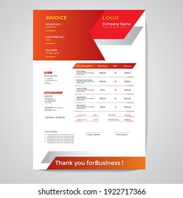 Red Color Business Invoice Template Design Illustration, Vector Invoice Template, Cash Memo, Vector Quotation Design Template