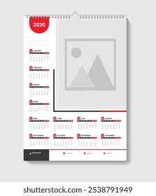 Red Color Calendar Design For Office Desk Or Wall Vector Template