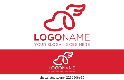Red Color Cartoon Line Art Puppy Head with Wing Logo Design