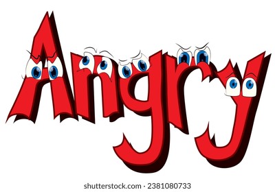 Red color cartoon-looking various eyes expressions on Angry text title, vector illustration
