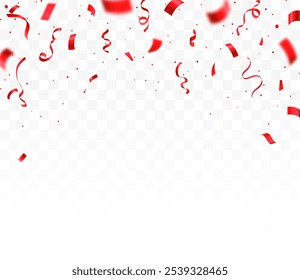 Red color confetti. Confetti celebration party background design, Falling shiny red confetti isolated on transparent background, Celebration carnival ribbons, confetti,