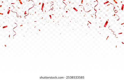 Red color confetti. Falling shiny red confetti isolated on transparent background. Bright festive tinsel of red color. Luxury greeting rich card