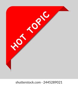 Red color of corner label banner with word hot topic on gray background