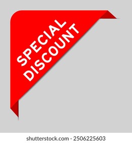 Red color of corner label banner with word special discount on gray background