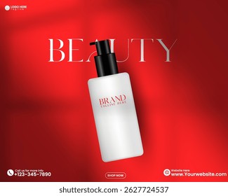 Red color cosmetics product sale advertisement poster design vector in an isolated background. Beauty product sale postcard background design with window shadow overlay effect. 