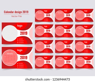 Red Color Creative Calender Design.January 2019. Calendar for 2019 Year. Vector Design Print Template with Place for Photo.