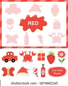 Red color. Cut the elements and match them with the right shadows. Learning color red educational game for kids. Cut and paste activity for toddlers. Vector illustration