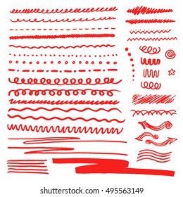 Red Color design elements pen stripes, banners, brushes drawn with japan markers. Vector highlight marker stroke brush bright color