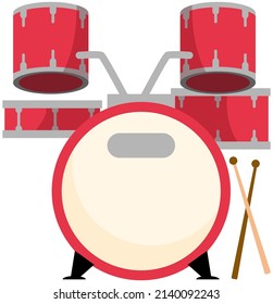 Red color drums set professional music instrument vector illustration on white. Musical equipment for drummer. Musician makes loud sound with drumsticks for brass bands and jazz and rock groups