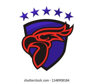 red color eagle head line art silhouette shape like tattoo logo design illustration for sport team need, like football, baseball, soccer, basketball, hockey with blue shield and star on background