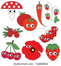 Red Color elements set, collection of coloring book template, the group of outline digital elements vector illustration, kid educational game page.