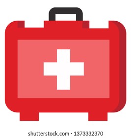 Red color emergency first aid box with a white color plus sign and a black handle containing emergency medication and first aid tools vector color drawing or illustration 