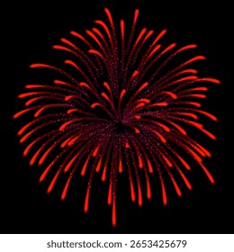 Explosão de fogos de artifício de cor vermelha com respingos brilhantes e partículas. Pirotecnia para aniversário, show, carnaval. Decoração realista colorida. Ilustração vetorial. Plano de fundo preto isolado.