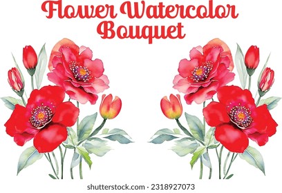 Red Color Flowers Watercolor Bouquet.