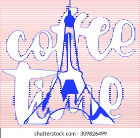Red color geometric lines background with Paris Eiffel tower silhouette with Coffee time word illustration together vector print pattern. For fashion, graphic design, travel, holiday, poster, postcard
