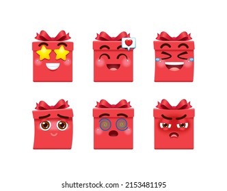 Red color gift box emoticon with star, excited, laughing, shy, confused and angry face