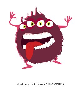 Red color goblin with devil eyes, goofy toy frighten kids, cheerful mascot with crazy mouth expression and tongue, vector illustration