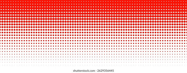 Red color halftone gradient texture. Vanishing cartoon polka dot background. Repeating dotted gradation pattern. Fading comic pop art overlay backdrop. Raster halfton patern effect wallpaper. Vector