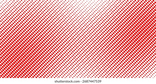 Rote Farbverlauf-Rasterstruktur. Verschwindender Cartoon-Polka-Punkt-Hintergrund. Wiederholtes gepunktetes Abstufungsmuster. Verblassende Comic-Pop-Art-Overlay-Hintergrund. Rasterhalbton 