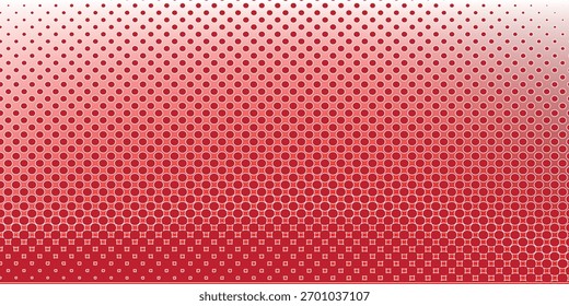 Textura de degradado semitono de color rojo. Fondo de lunares de dibujos animados de desvanecimiento. Repitiendo el patrón de gradación punteado. Fondo de superposición de arte pop cómico de desvanecimiento. Fondo de pantalla de efecto semitono ráster. Vector