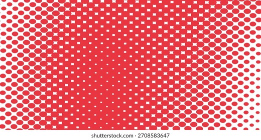 Textura de degradado semitono de color rojo. Fondo de lunares de dibujos animados de desvanecimiento. Repitiendo el patrón de gradación punteado. Fondo de superposición de arte pop cómico de desvanecimiento. Fondo de pantalla de efecto semitono ráster. Vector