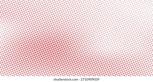 Textura de degradado semitono de color rojo. Fondo de lunares de dibujos animados de desvanecimiento. Repitiendo el patrón de gradación punteado. Fondo de superposición de arte pop cómico de desvanecimiento. Fondo de pantalla de efecto semitono ráster. Vector