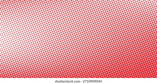 Rote Farbverlauf-Rasterstruktur. Verschwindender Cartoon-Polka-Punkt-Hintergrund. Wiederholtes gepunktetes Abstufungsmuster. Verblassende Comic-Pop-Art-Overlay-Hintergrund. Rastertapete mit Rasterhalbtoneffekt. Vektorgrafik