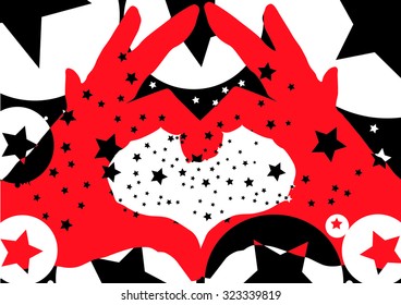 red color hands together create love heart symbol illustration with black stars pattern together vector print pattern. for fashion and graphic design t shirt print valentines day gift offer. wallpaper