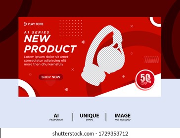 Red color Headphone Music Product web Banner Design